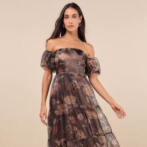 Lulus Exquisite Finesse Brown Floral Organza Maxi Dress With Pockets - Size M
